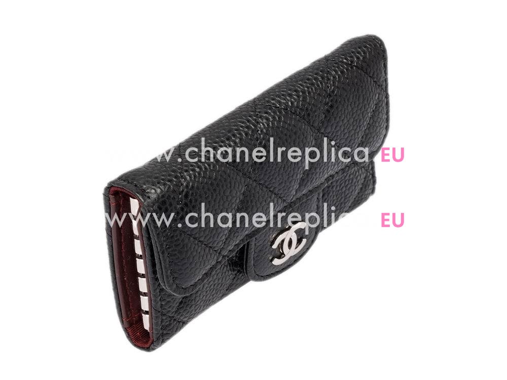 Chanel Caviar Silver CC Key Chain holder In Black C57082