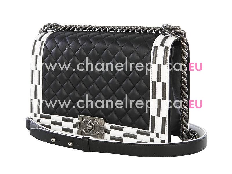 Chanel Hounds-tooth Calfskin Anti-silver Chain 25cm Boy Bag Black A92203