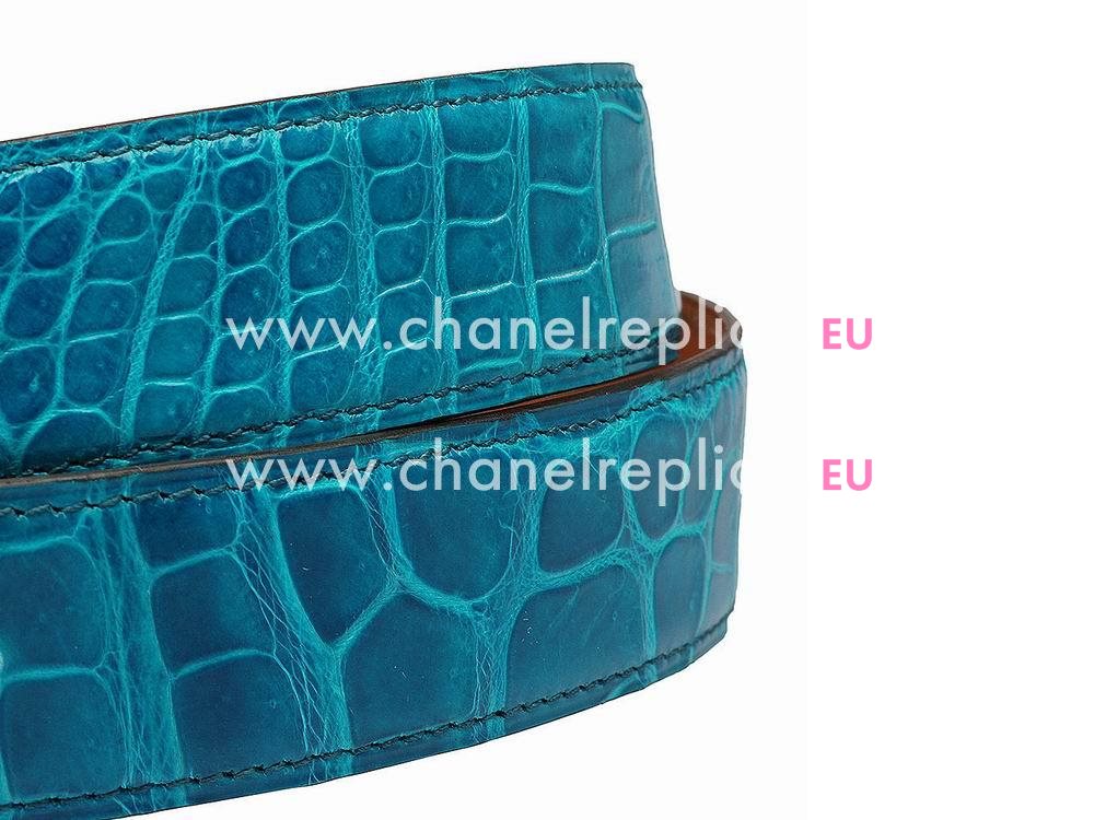 Hermes Big Silver H Logo Turkey Blue Crocodile Belt H535228