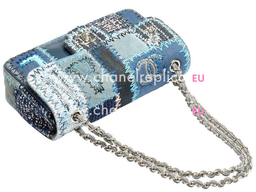 Chanel Denim Patchwork Flap Bag With Silver Chain (blue) A65468