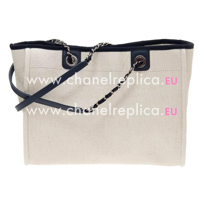 Chanel Canvas Deauville Chain Shoulder Tote Bag White/Blue A67001LWBLU