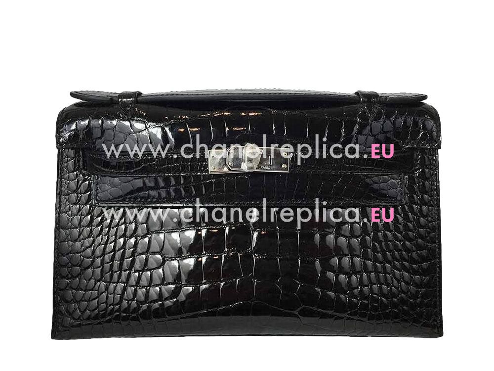 Hermes Kelly Mini Pochette Black Niloticus Crocodile Palladium Hardware HK1028CRB