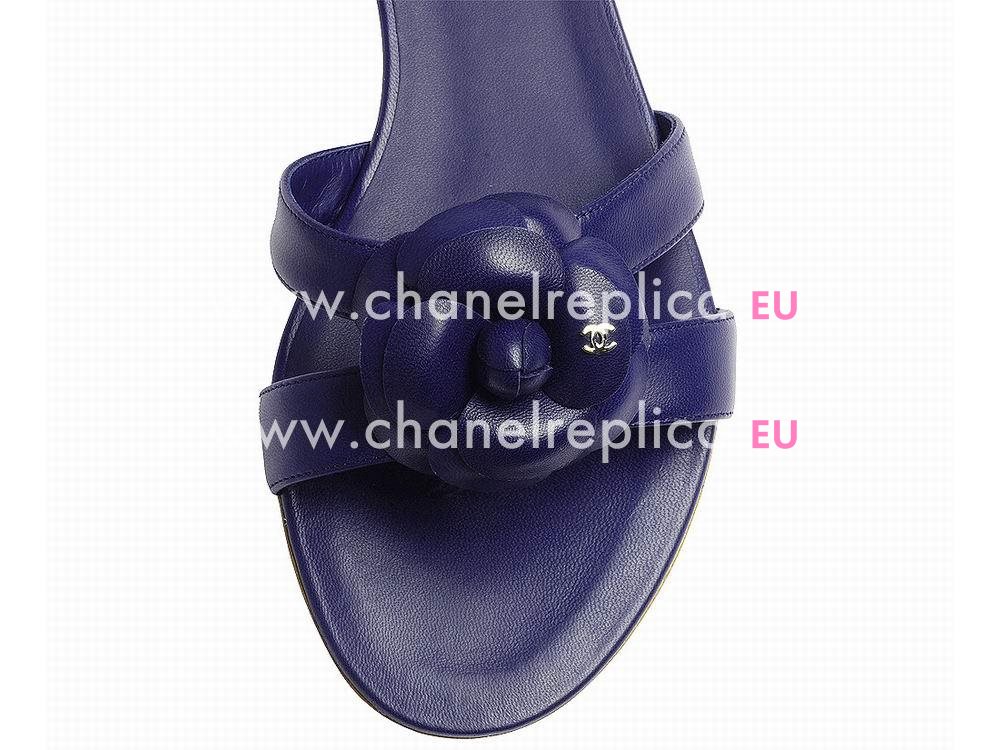 Chanel Classic Camellia Silver CC Lambskin Slipper Navy G30768