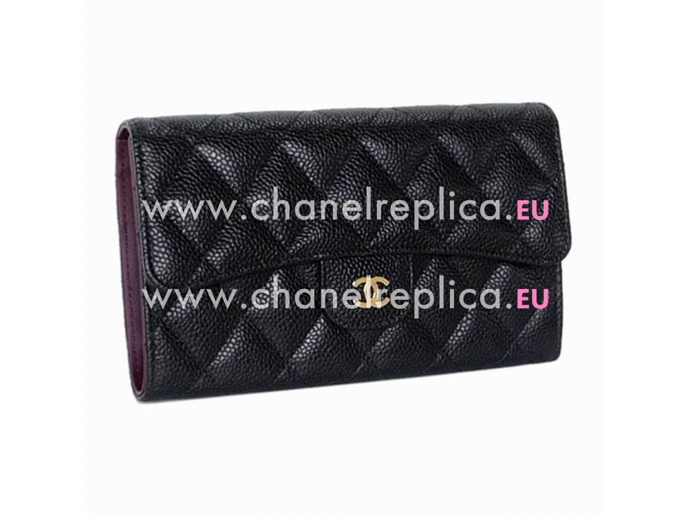 Chanel Classic Gold CC Caviar Long Wallet Black Gold C31506