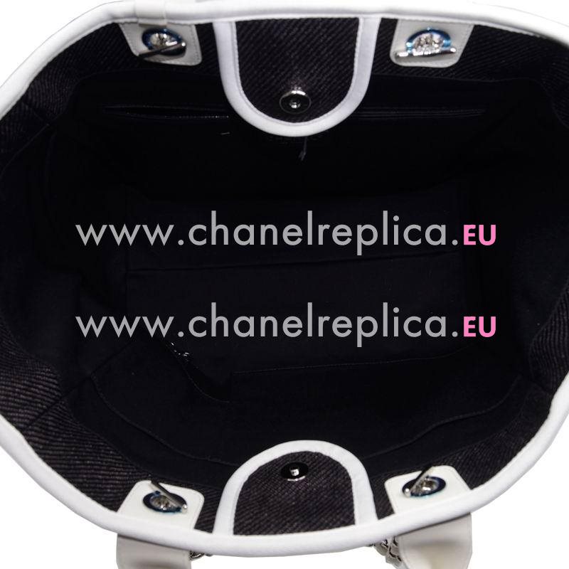 Chanel Deauville Double CC LOGO Denim Canvas Calfskin Silver Chain Bag A66941CLBRNWHT