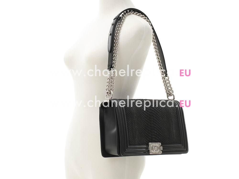 Chanel Real Python Skin 28cm Boy Bag Silver Chain Black A90420