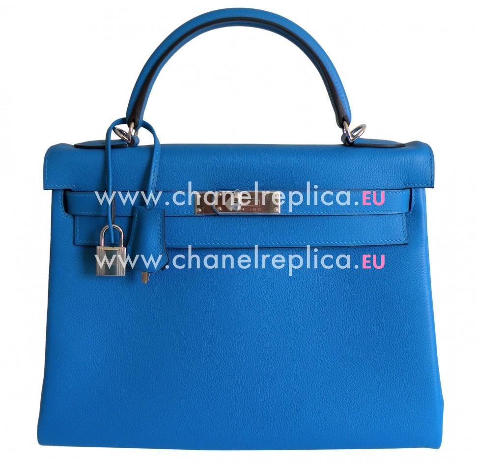 Hermes Kelly 32cm Blue Hydra Evercolor Leather Palladium Hardware Handbag HK1032HKB