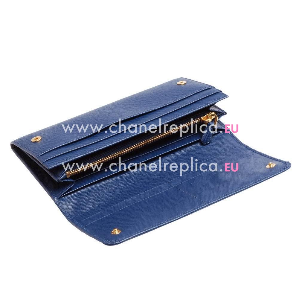 Prada Saffiano Gold Embossment Logo Cowhide Wallet In Deep Blue PR5974259