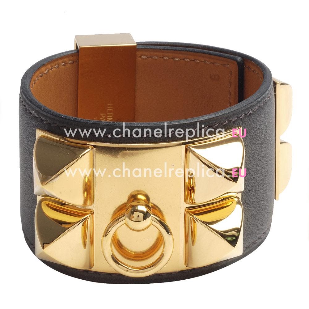 Hermes Goat Skin Collier De Chien Rivets of Metal R-Bracelet Dark Gray/Gold HE58644