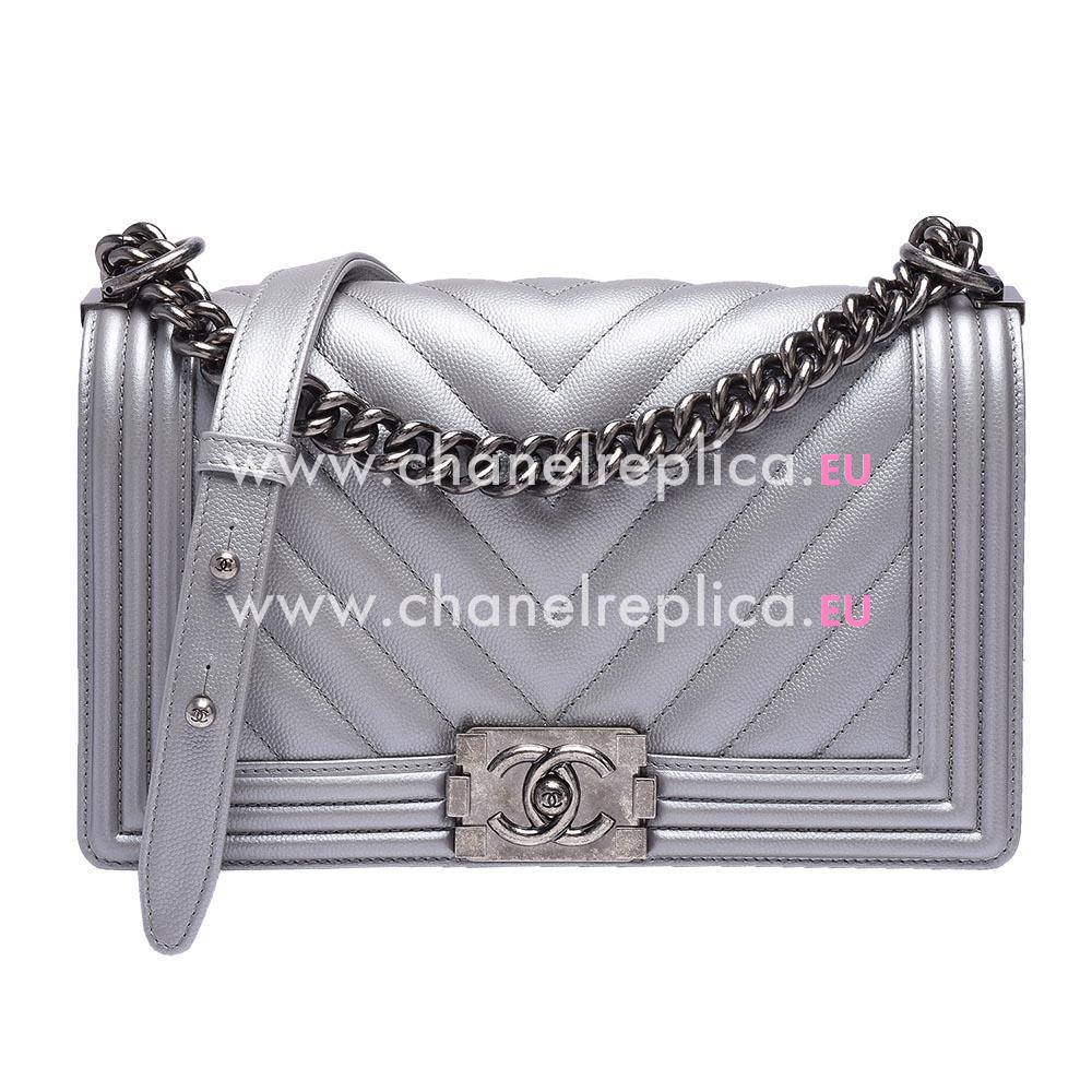 Chanel Caviar Chevron Leboy Bag Anti-Silver Chain Silvery A90789