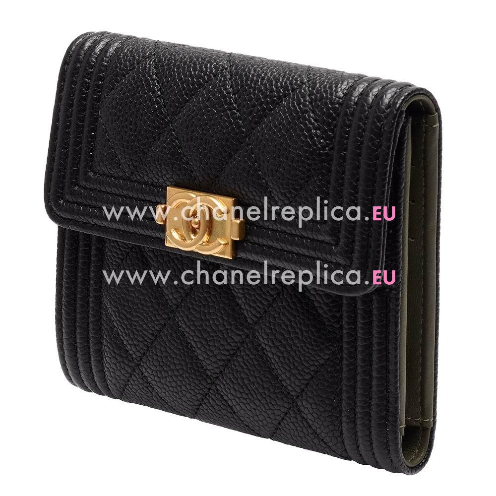 CHANEL Boy Gold Hardware Caviar Calfskin Wallet Black/Army Green C7010801