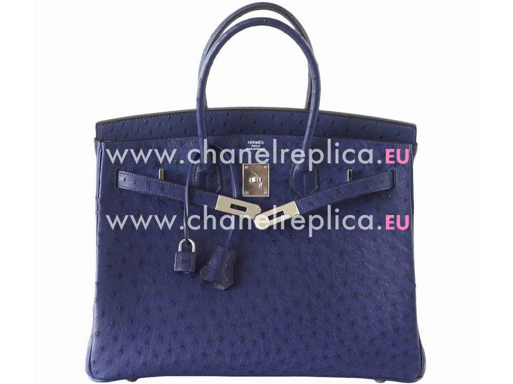 Hermes Birkin 35 Blue Iris Ostrich Palladium Hand Sew Handbag H1035BIR