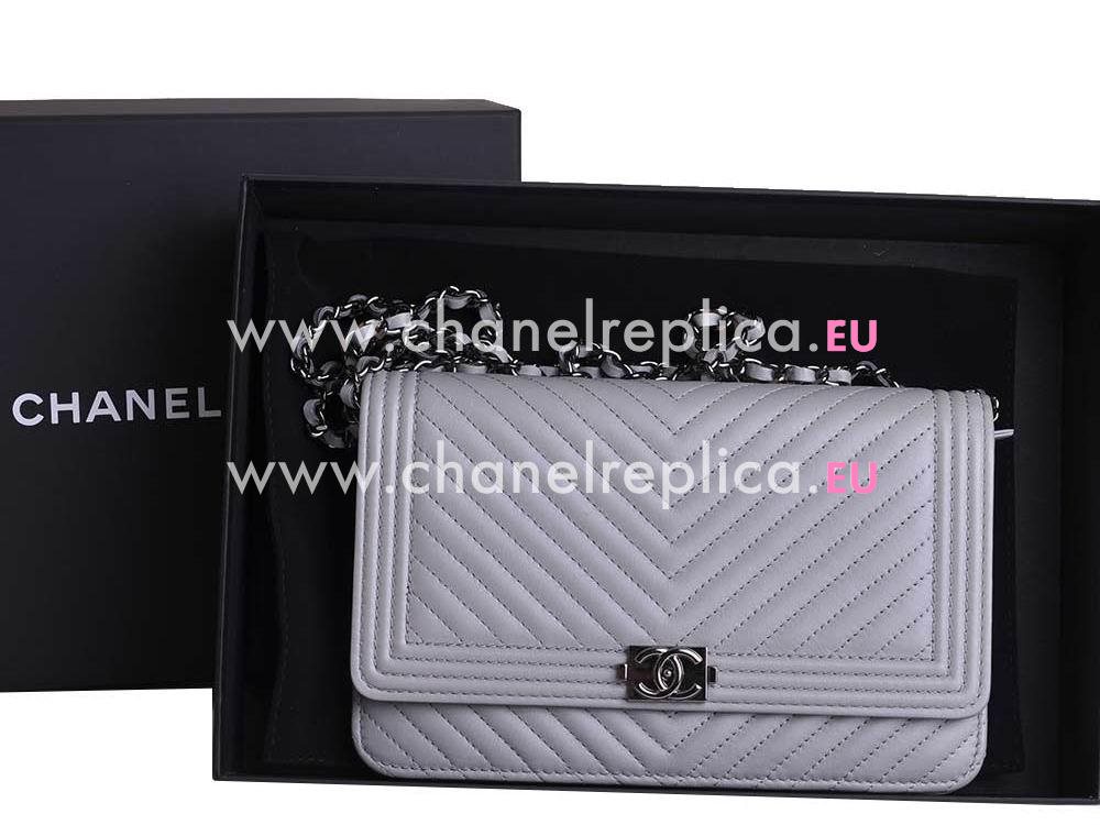 Chanel Lambskin Chevron Woc Bag Silver Chain Gray A59588