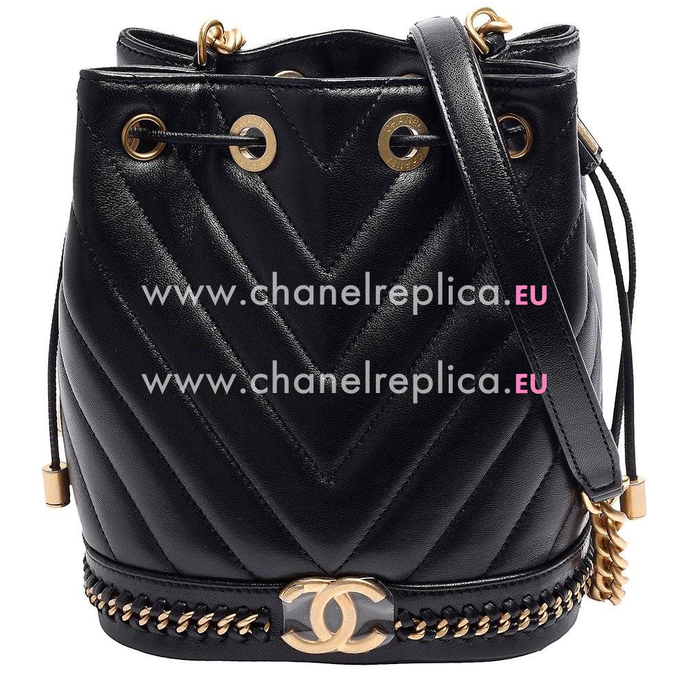 Chanel Lambskin Chevron CC Logo Gold Hardware Bucket Bag Black A21726B7