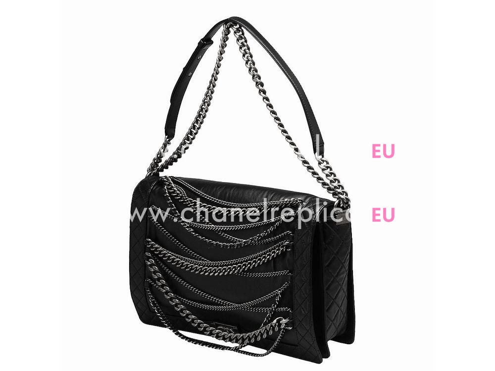 Chanel Boy Calfskin Shoulder Bag Black Dore Silver Hardware A522385