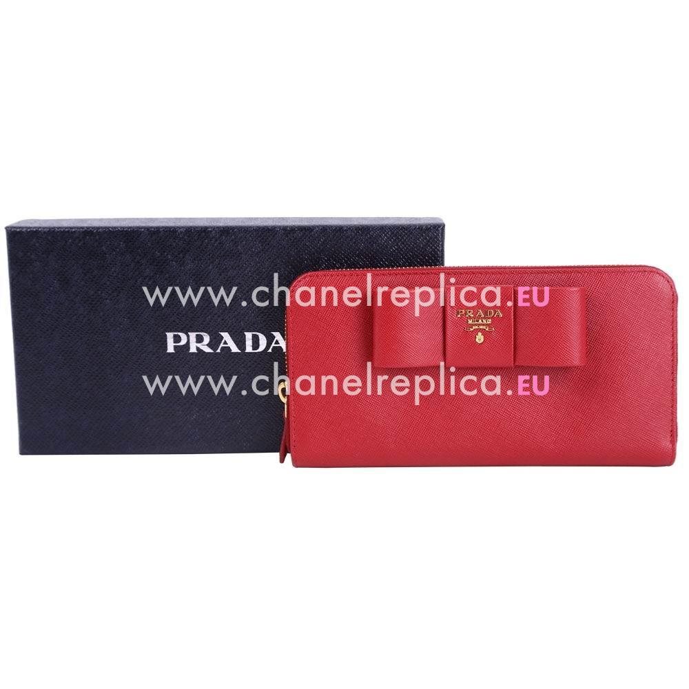 Prada Saffiano Embossment Logo Cowhide Zipper Wallet In Red PR61017035