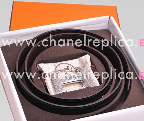 Hermes Big Silver H Black and Coffee Box Leather Two-sided Belt HB22147