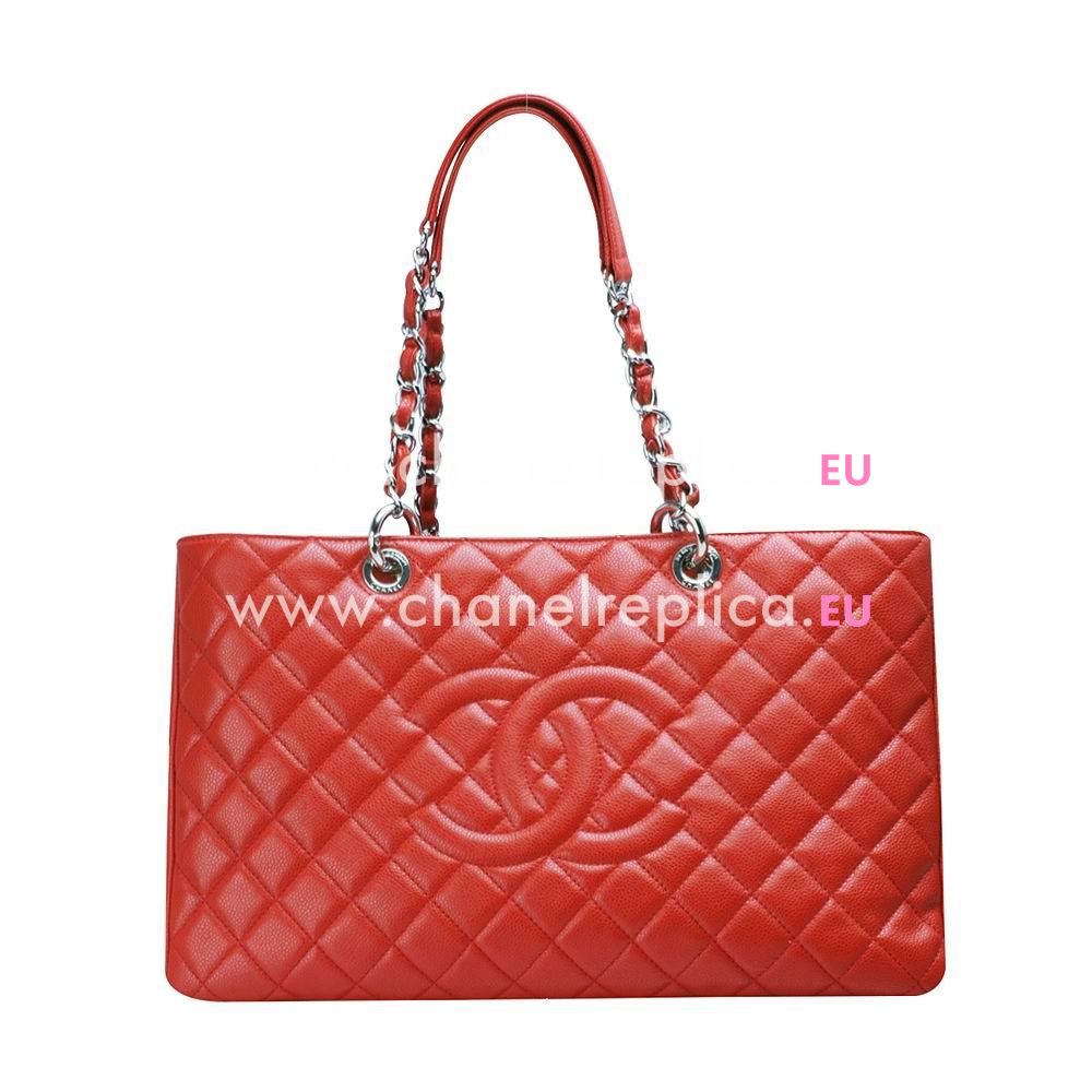 Chanel Clsssic Maxi GST CC Logo Caviar Calfskin Silvery Chain Shoulder Bag Red C6112806