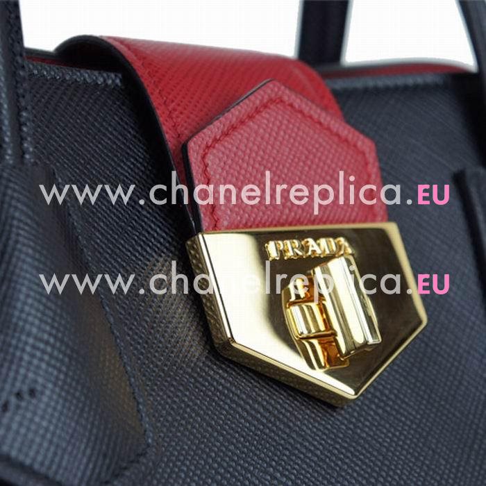 Prada Lux Saffiano Classic Triangle Logo Cowhide Handle/Shoulder Bag Black Red PR964D33