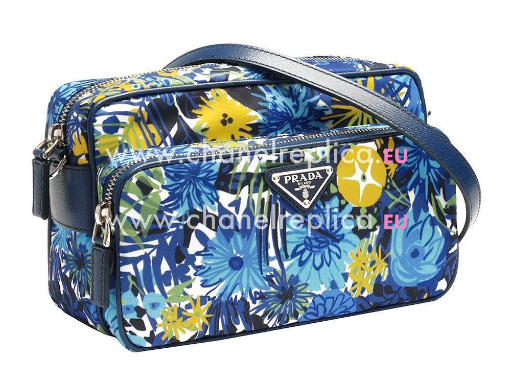 Prada Tessuto Stampat Triangle Logo Flower Calfskin Shoulder Bag RoyalBlue PR1BN58137