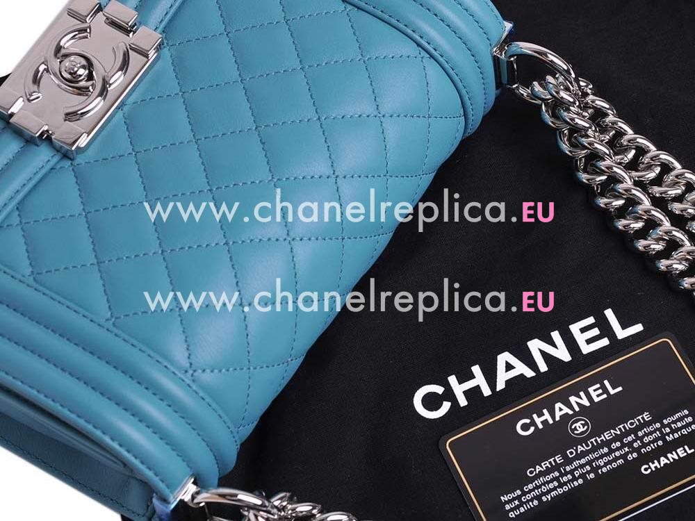 Chanel Lambskin Antique-Silver Chain Boy Mini Bag Bleu A67086