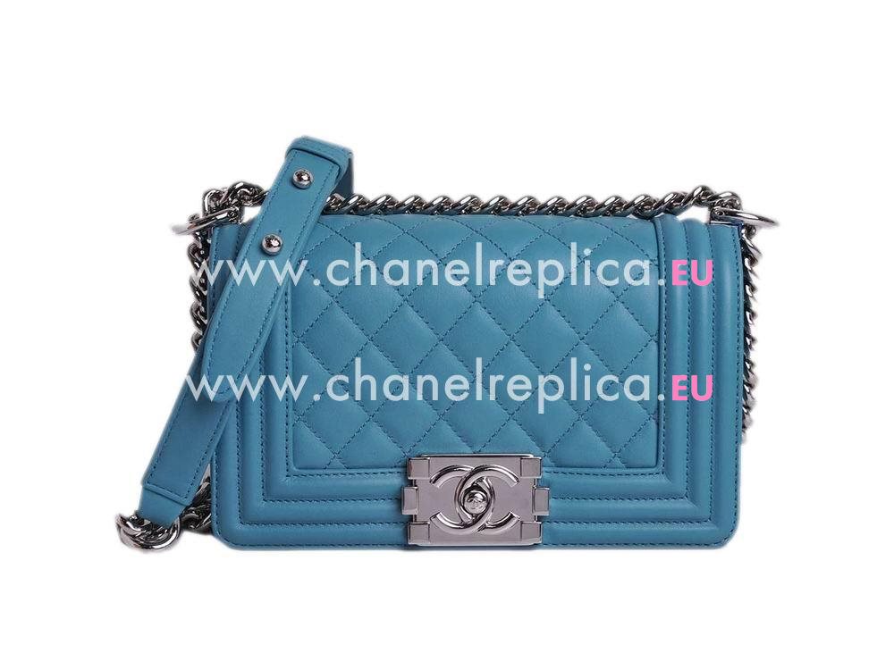 Chanel Lambskin Antique-Silver Chain Boy Mini Bag Bleu A67086