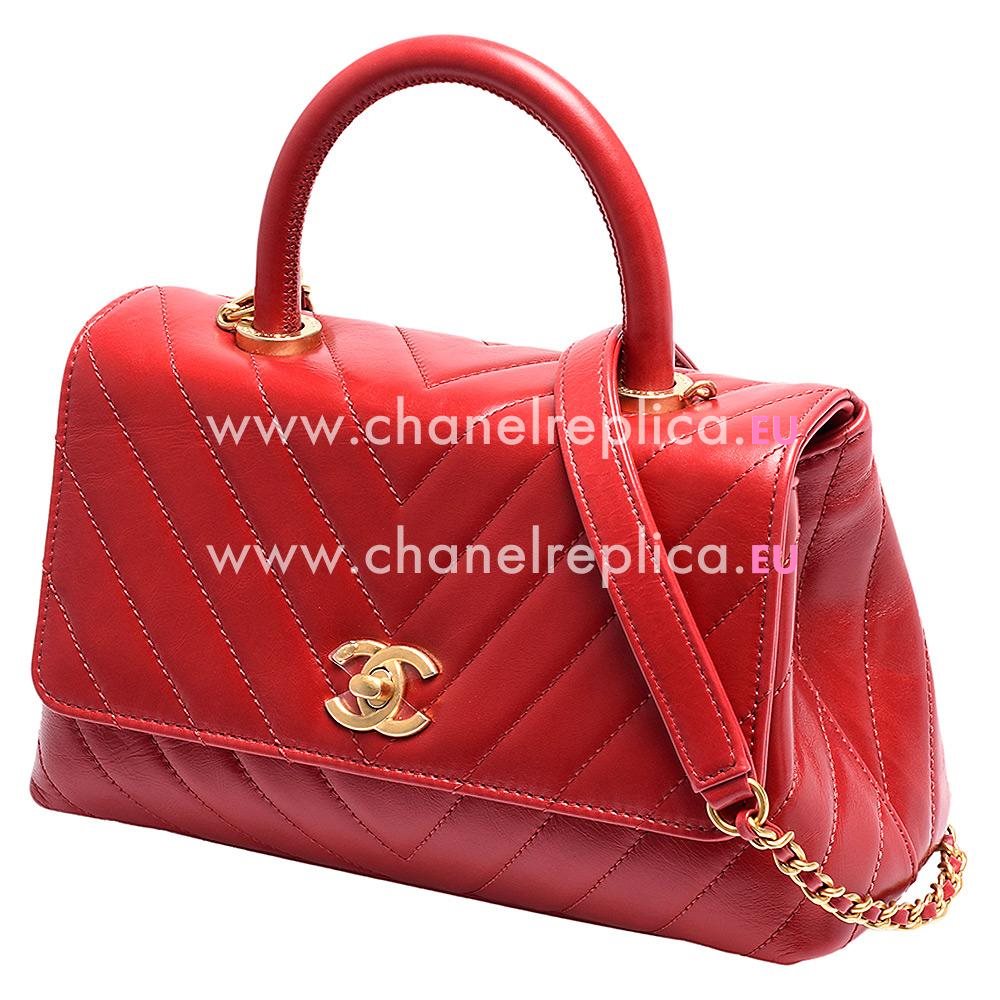 Chanel Calfskin V Small Coco Handle Anti- Gold Hardware Red A92990HJNP