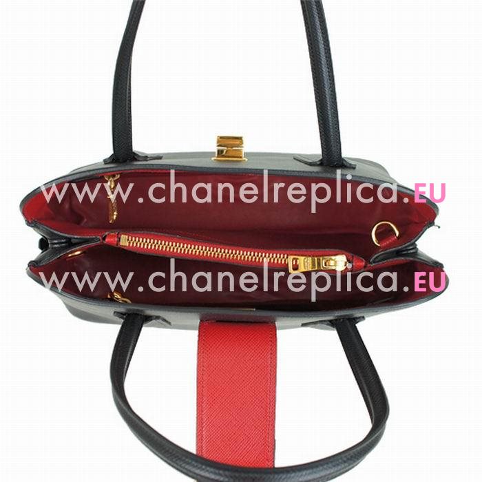 Prada Lux Saffiano Classic Triangle Logo Cowhide Handle/Shoulder Bag Black Red PR964D33