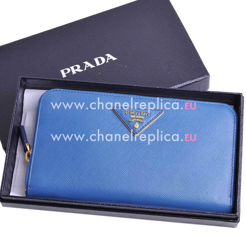 Prada Saffiano Triang Triangle Logo Cowhide Zipper Wallet In Blue PR61017027