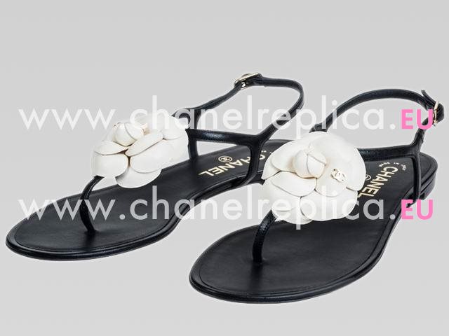 Chanel Golden CC White Camellia Sandals In Black CH44392