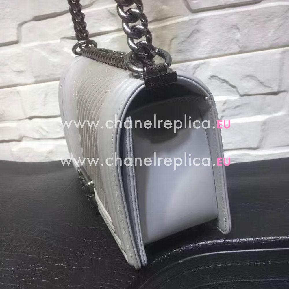 CHANEL Boy V Lines Cuprum Anti Silvery Hardware Sheepskin Bag in White C7032206