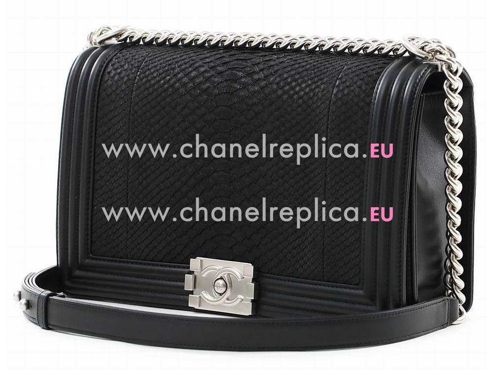 Chanel Real Python Skin 28cm Boy Bag Silver Chain Black A90420