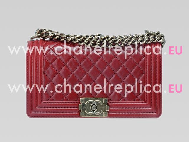 Chanel Lambskin Antique-Silver Chain 25cm Boy Bag Dark Red A46895