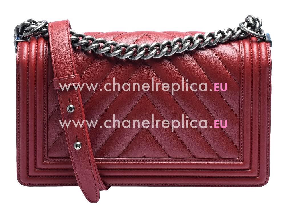 Chanel Lambskin Chevron Boy Bag Silver Wine Red A997764