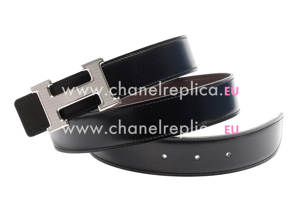 Hermes Silver H Buckle Choclate Black Calfskin Two-sided Belt H209299