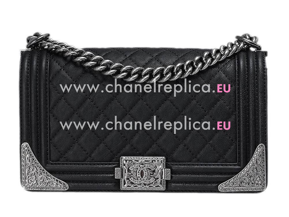 Chanel Boy Calfskin Chain Shoulder Bag Black Silver A525410