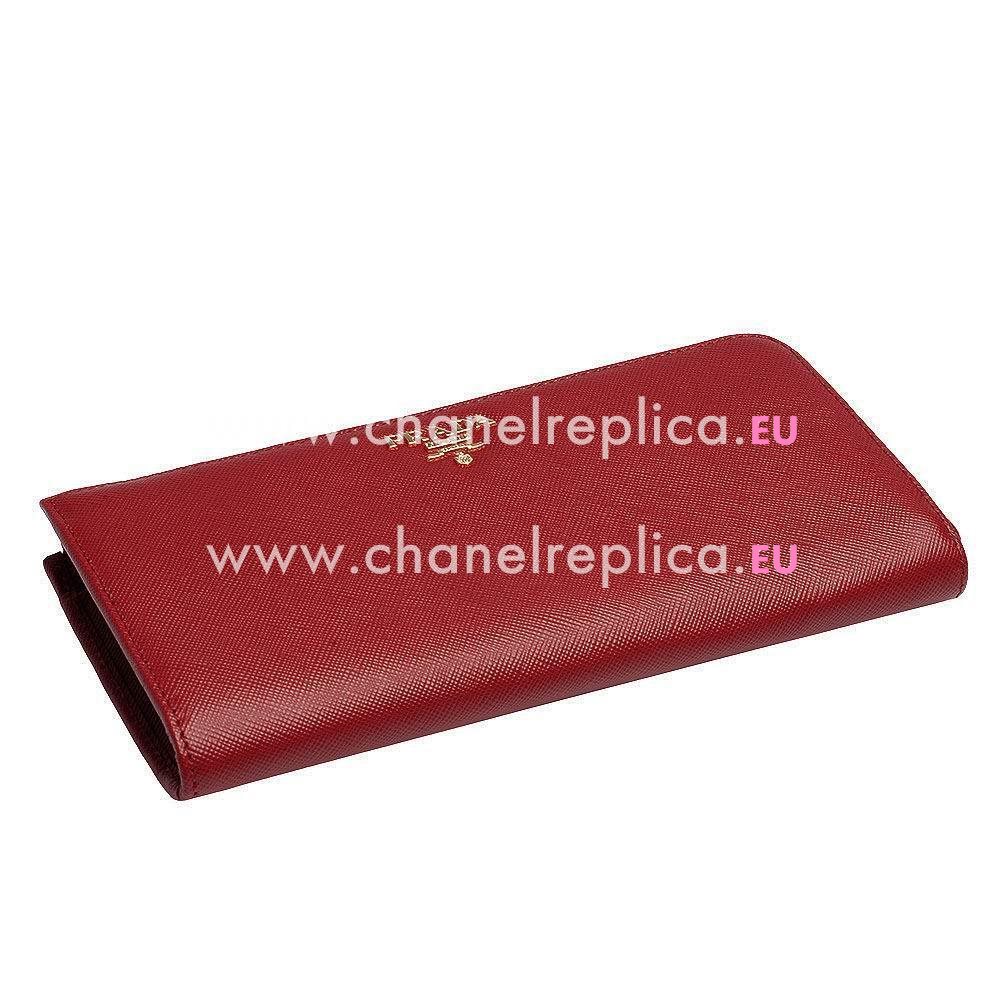 Prada Saffiano Fiocco Embossment Logo Cowhide Zipper Wallet In Red PR31017018