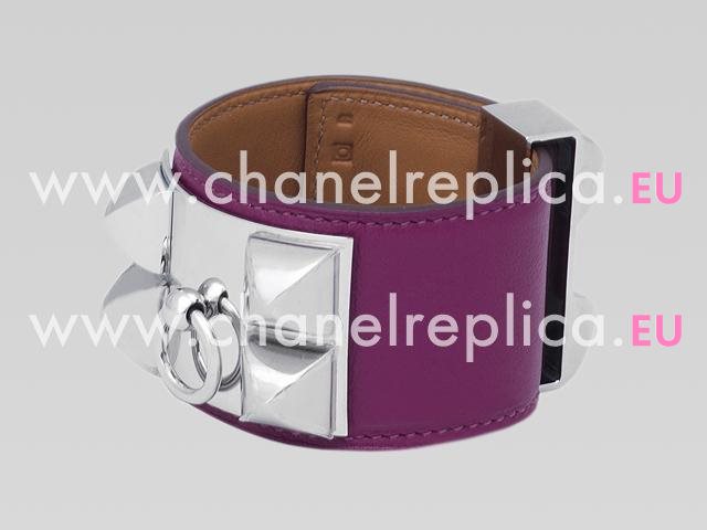Hermes Goat Skin Collier De Chien Rivets of Metal Bracelet Purple&Silver HE08522