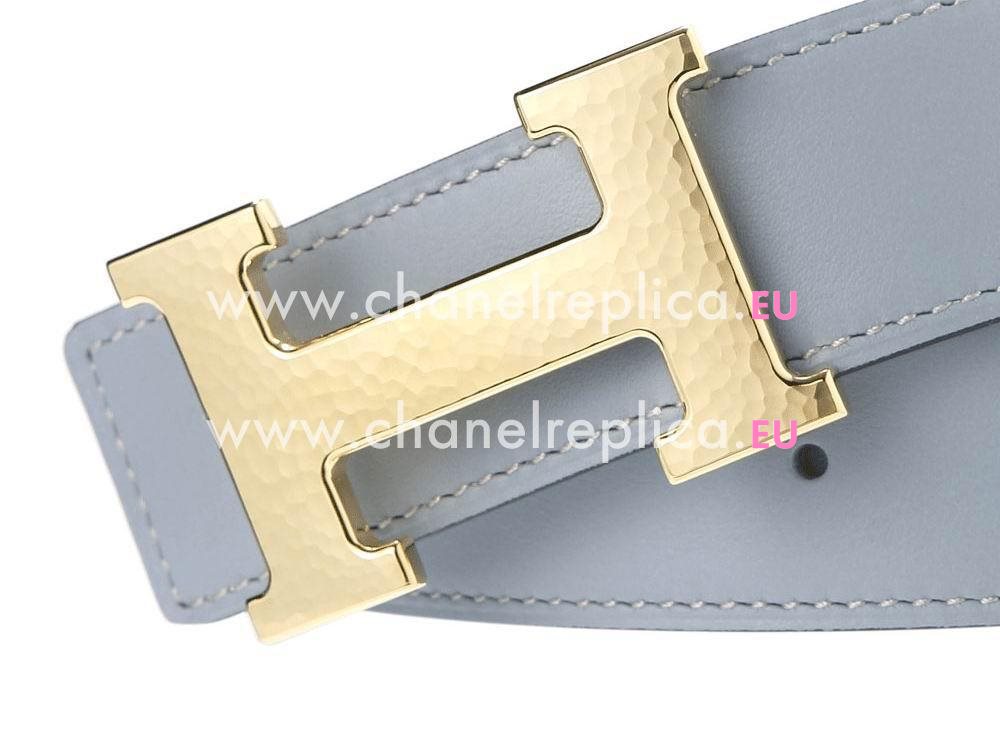 Hermes Fish scales Design Gold H Blue Linen and White Box Leahter Belt H227370