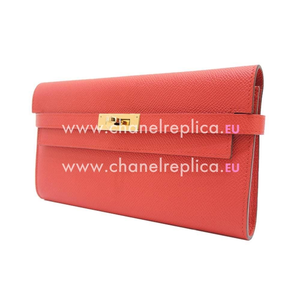 Hermes Kelly Epsom Calfskin Long Wallet Gold Hardware Tomato Red H7042107