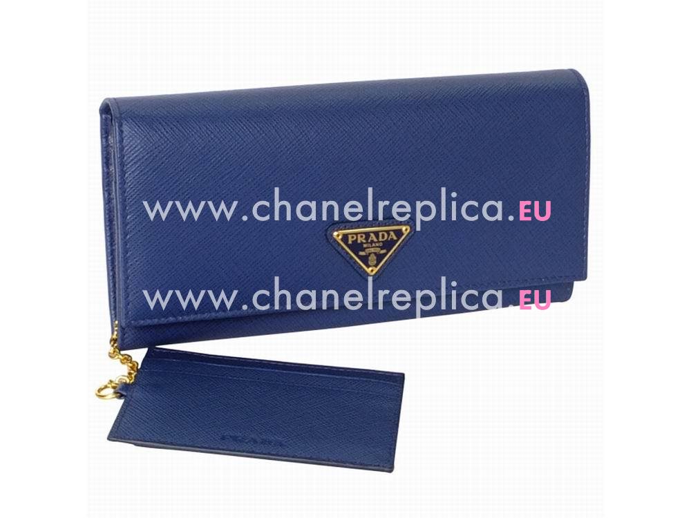 Prada Saffiano Triangle Embossment Logo Cowhide Wallet In Deep Blue PR59F569