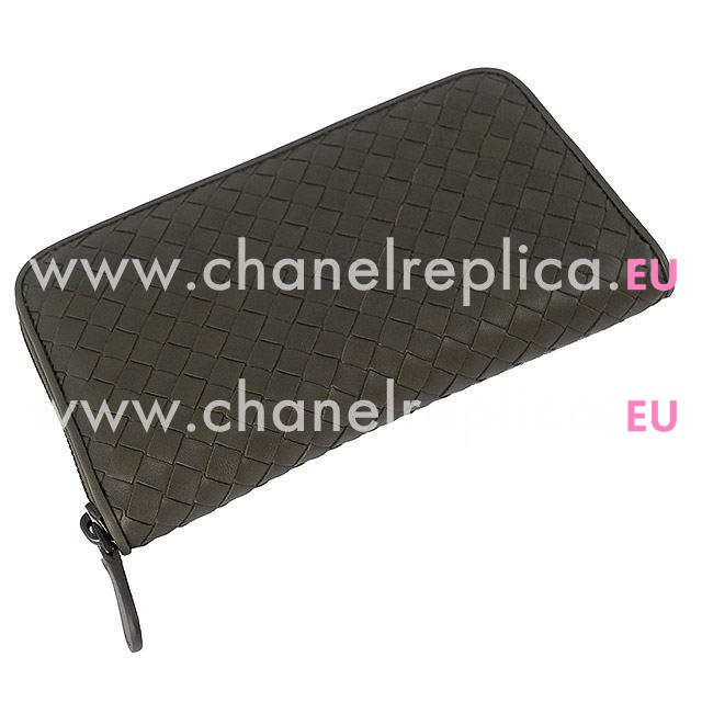 Bottega Veneta Classic Weave Zipper Nappa Wallet In Iron Gray Green B6110726