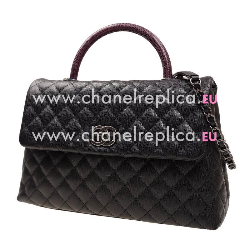 Chanel Black Calfskin Large Coco Handle Anti-Silver Hardware Purple Lizard Handle A92992CBLKLIZ