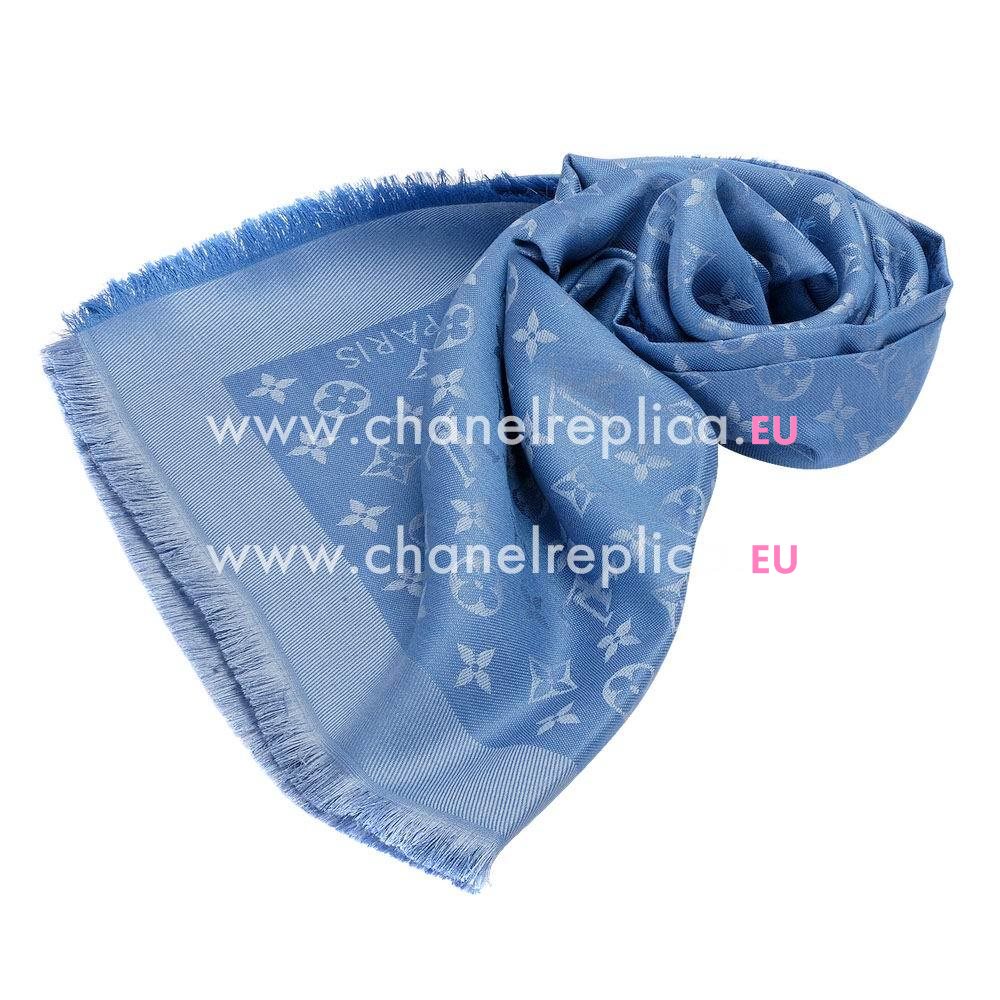 Louis Vuitton Classic Mongram Silk Wool Shawl Bleuet M75697