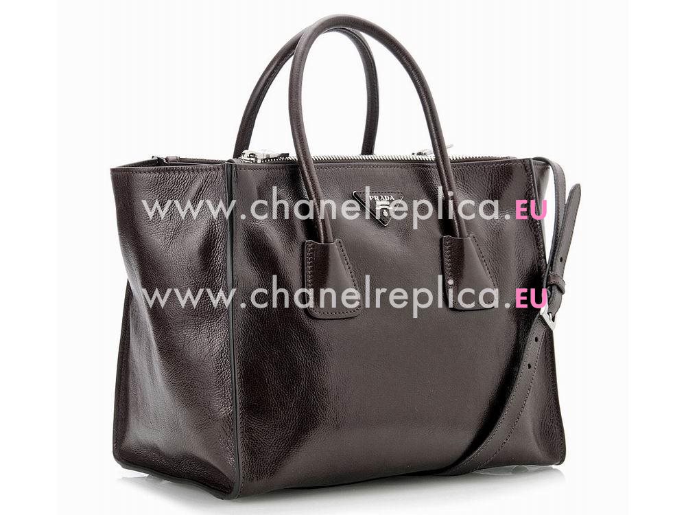 Prada Glace Shiny Calfskin Triangle Logo Large Bag Coffee P581825