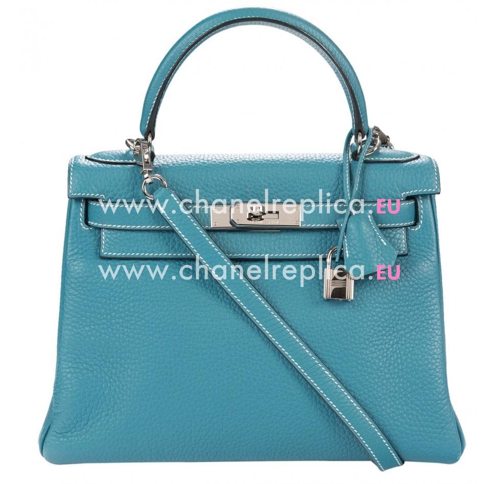 Hermes Kelly 28cm Blue Jean Clemence Leather Palladium Hardware Hand Sew Bag HK1028BJK