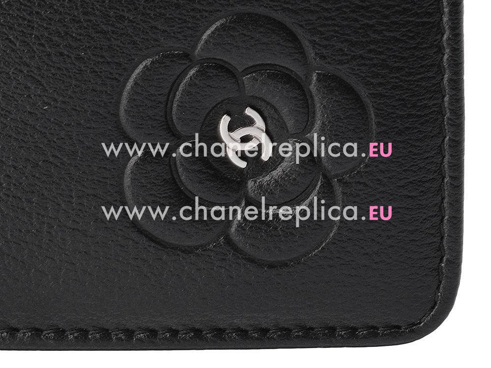 Chanel Lambskin Camellia Silver CC Wallet Black C74445