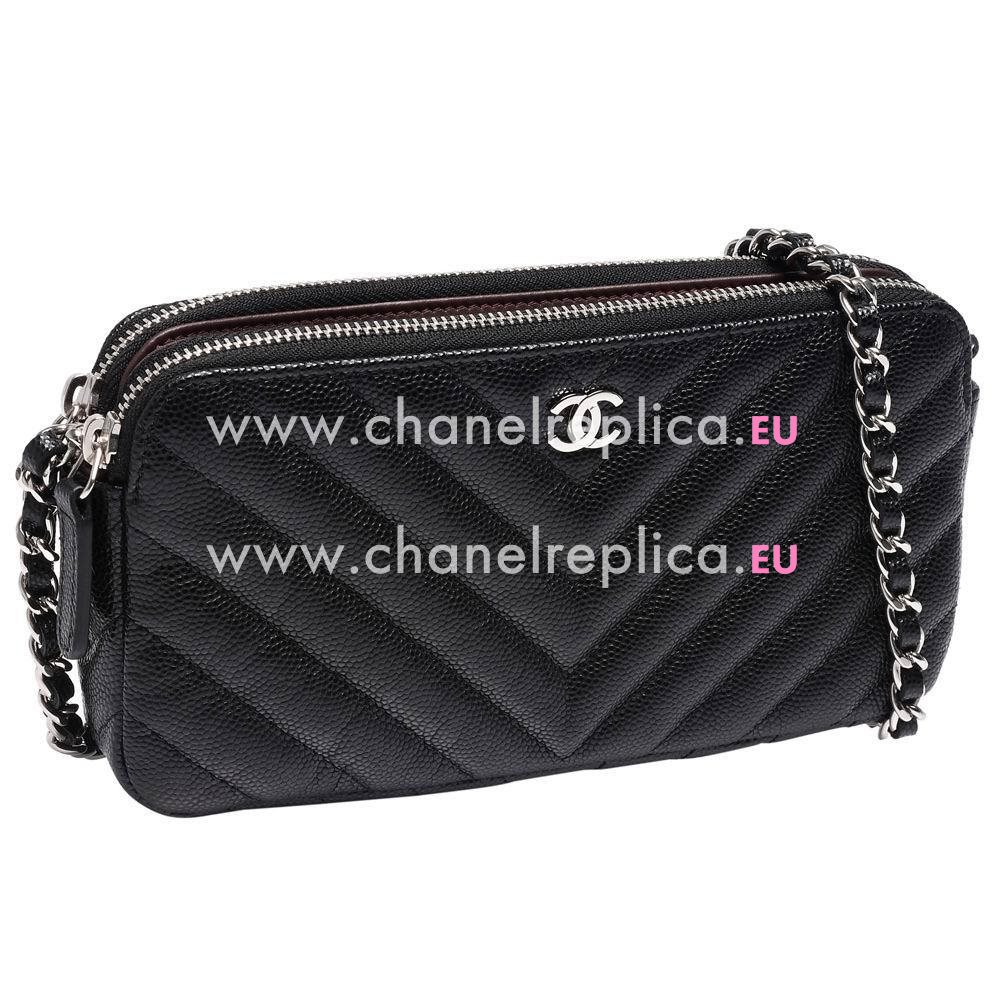 CHANEL Silvery Hardware Caviar Calfskin Zipper Dinner Bag in Black C7090708