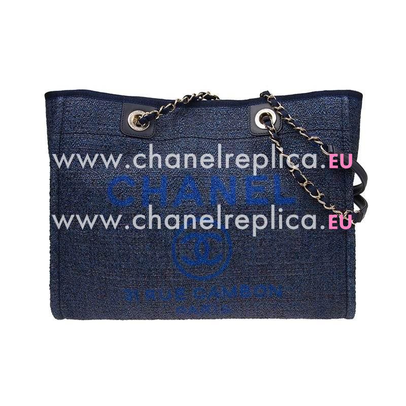 Chanel Tweed Canvas Deauville Shop Tote Bag Silver Chain Tweed Dark Blue A67001CLTDDBLUEGP
