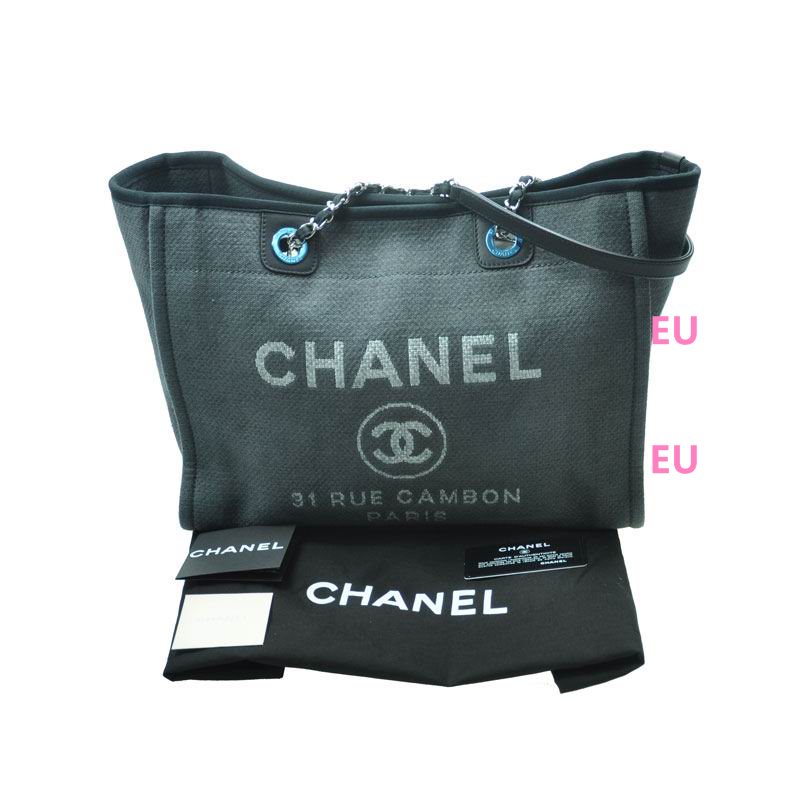 Chanel Canvas Deauville Shop Tote Bag Gray Silver Chain A67001CLGRS